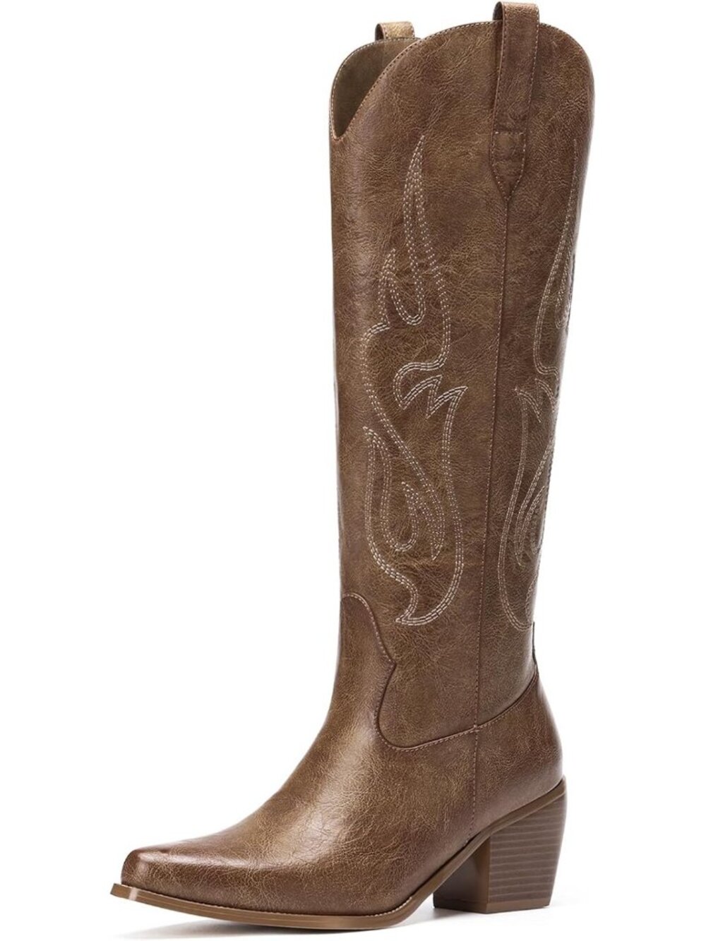 Women's Brown Classic Slip On Mid Heel Pointed Toe Knee High Cowgirl Boots